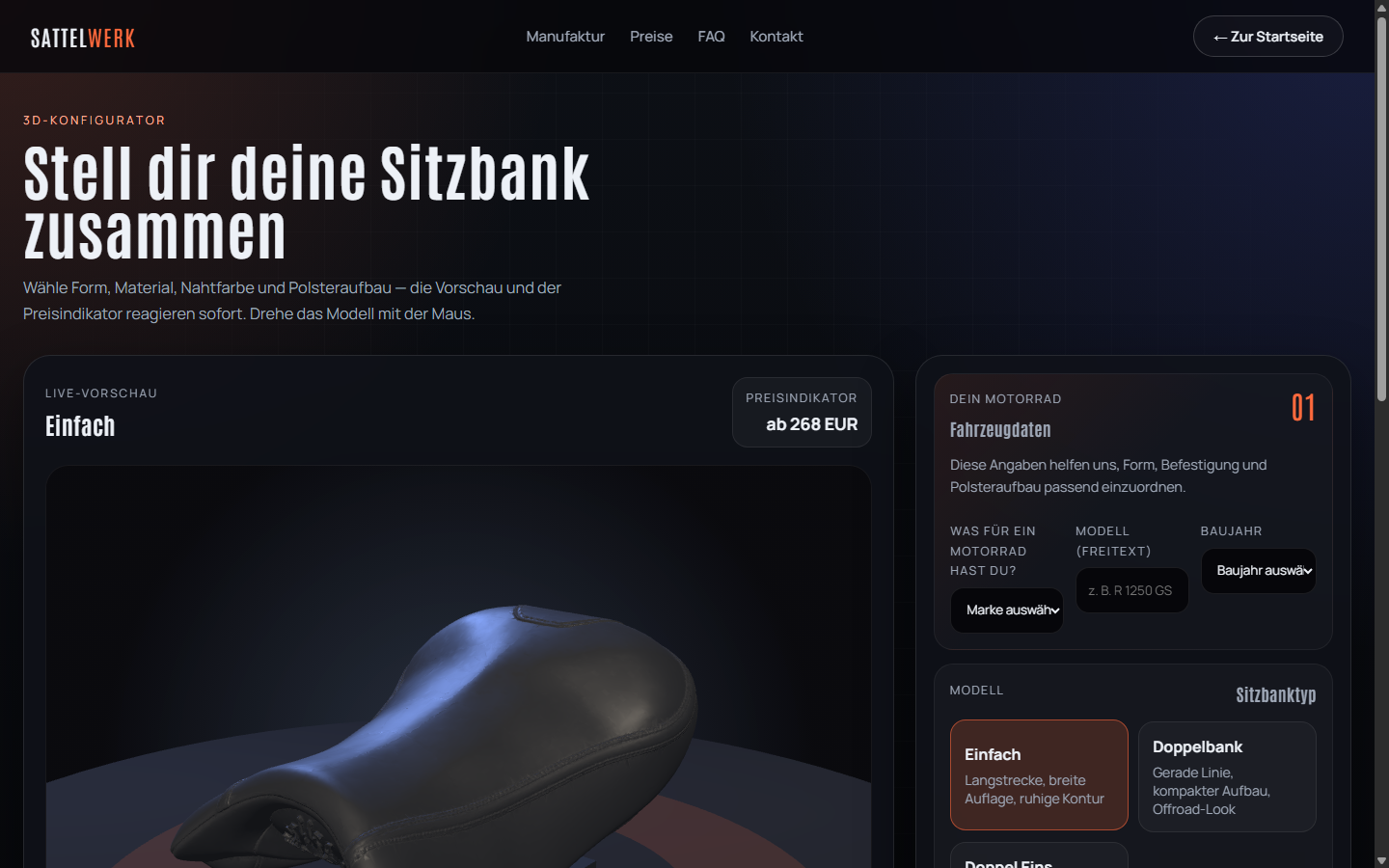 3D-Sitzbank im Motorradsitzkönig-Konfigurator